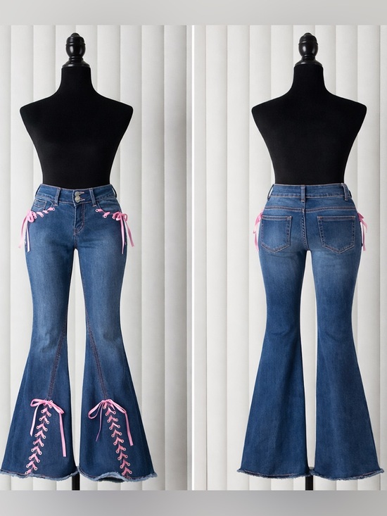 Sugar Thrillz Denim - SUGAR THRILLZ Amazed Babe Corset Tie Low Rise Flare Jeans Blue Pink Size XXS